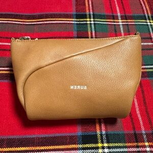 Tan Leather Cosmetic Crossbody Pouch with Curved Panel
